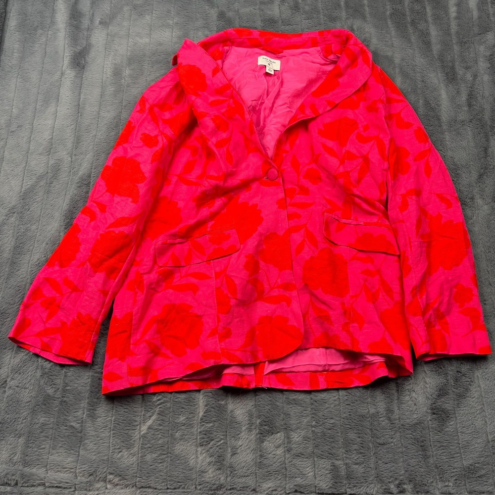 Kate Spade New York Pink Red Floral Linen Blend Blazer Jacket XL RN17730